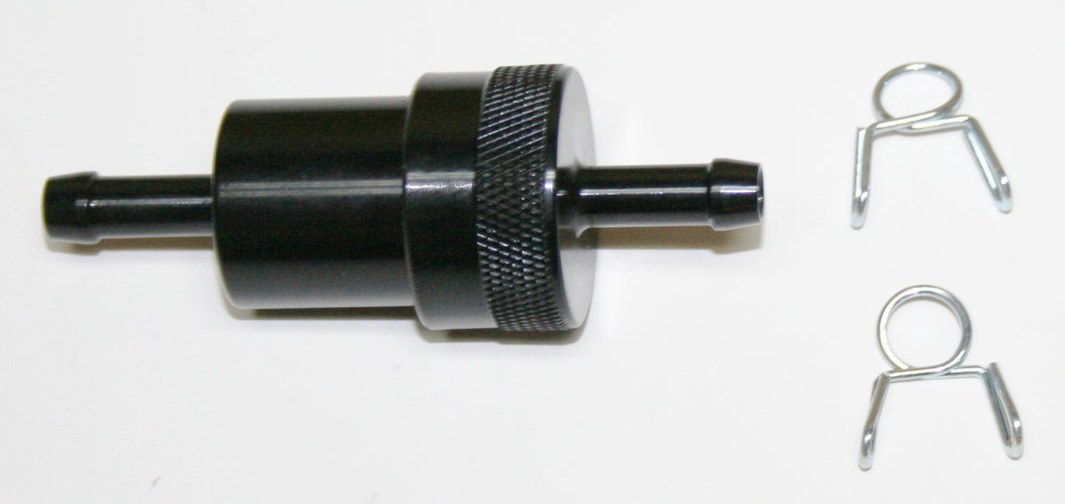 Universal CNC Machined Black Anodized 1/4" Fuel Filter w Clips