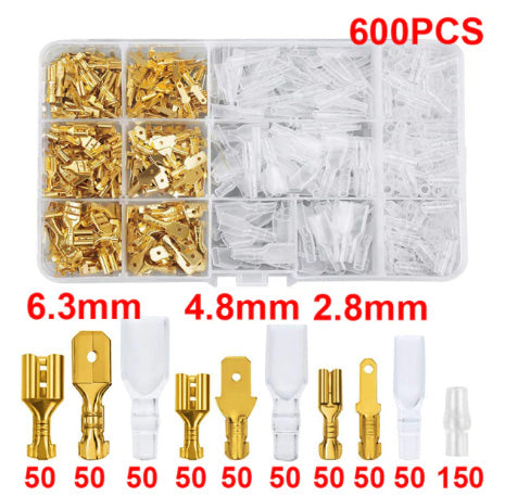 Universal 600Pc Flat Style Pin Connector Set with Covers in Plastic Storage Case