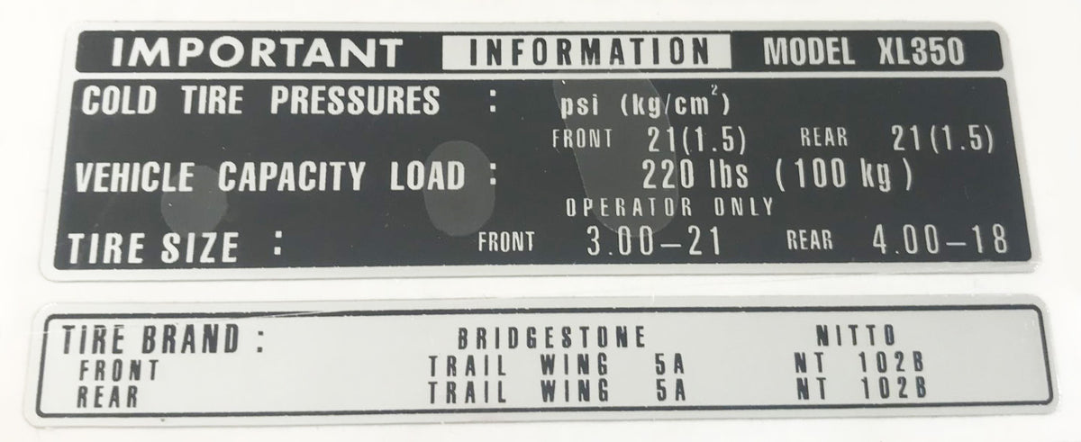 Honda XL350 Tire Info Decal