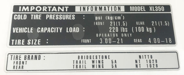 Honda XL350 Tire Info Decal