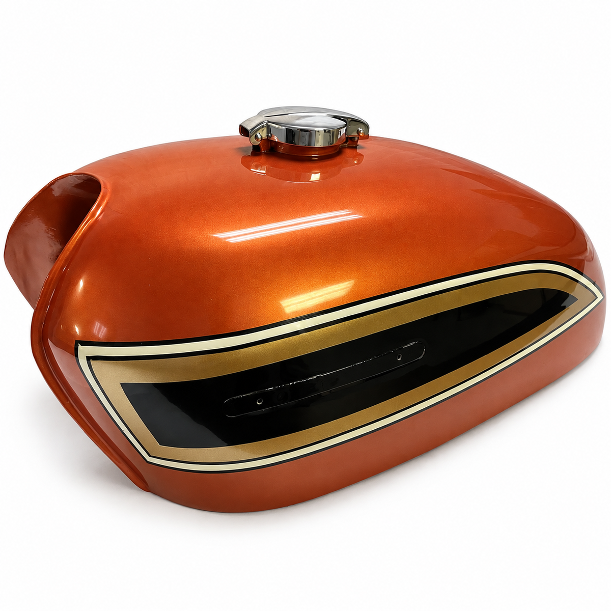 Professionally painted orange Honda CB750K 1969–1974 fuel tank with chrome cap, three-quarter view