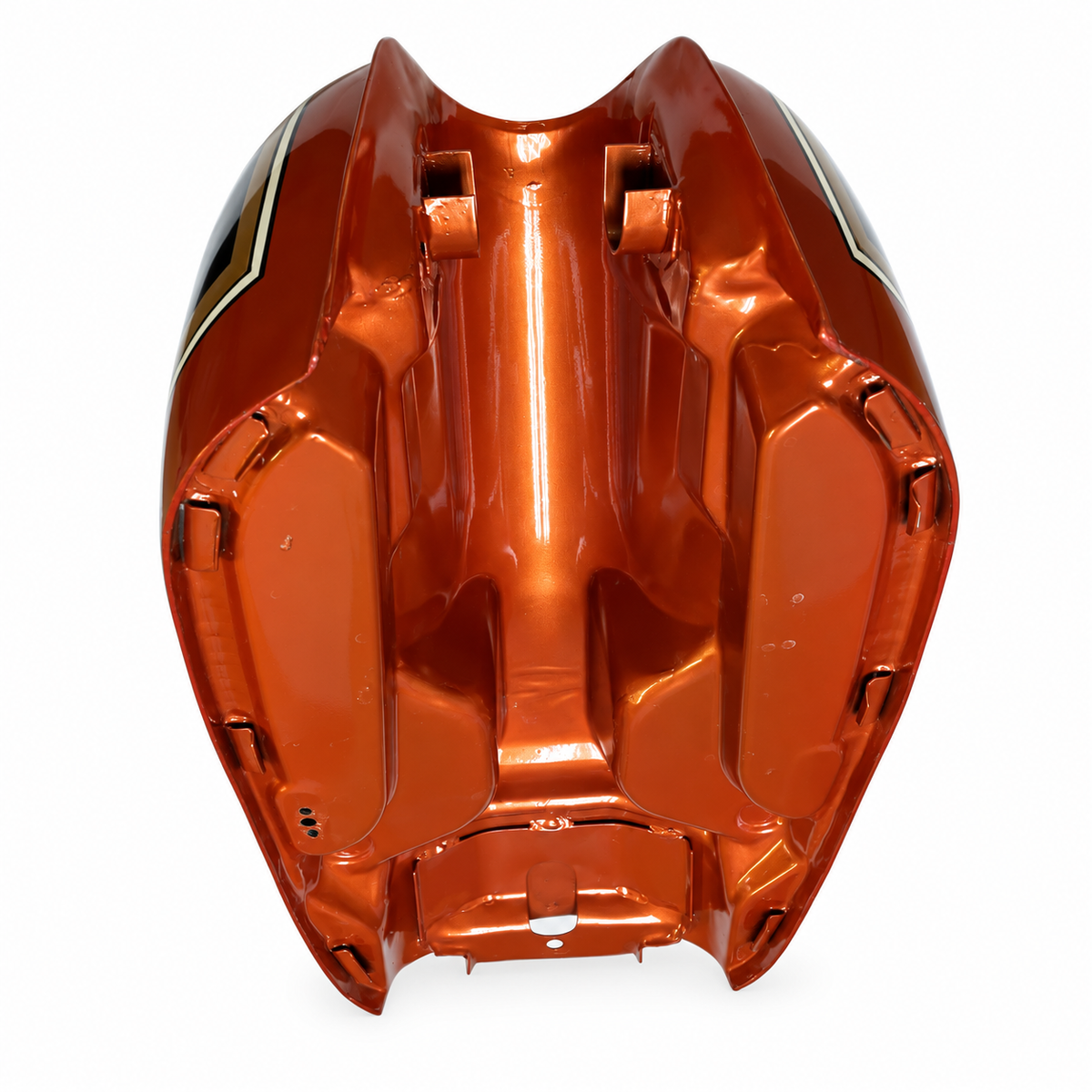 Painted CB750K replacement gas tank, angled underside view of the frame tunnel and mounting brackets