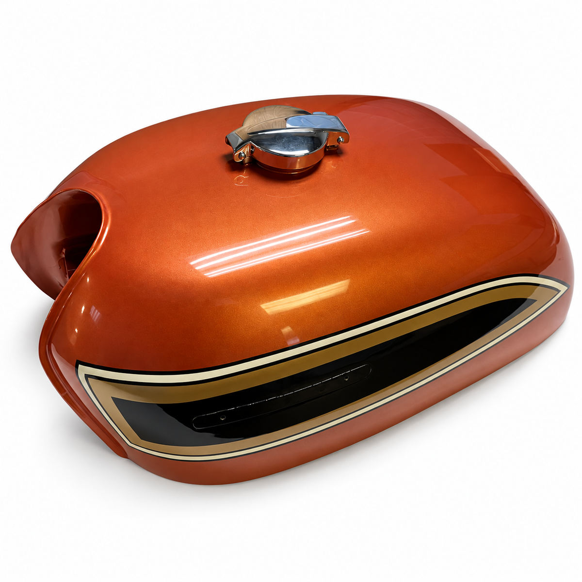 Painted orange CB750K 1969–1974 fuel tank showing the chrome cap and gold, black and cream striping