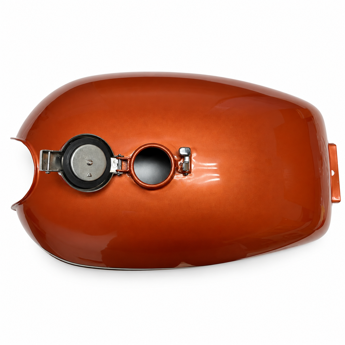 CB750K orange fuel tank with cap open, showing the included cap seal and latch