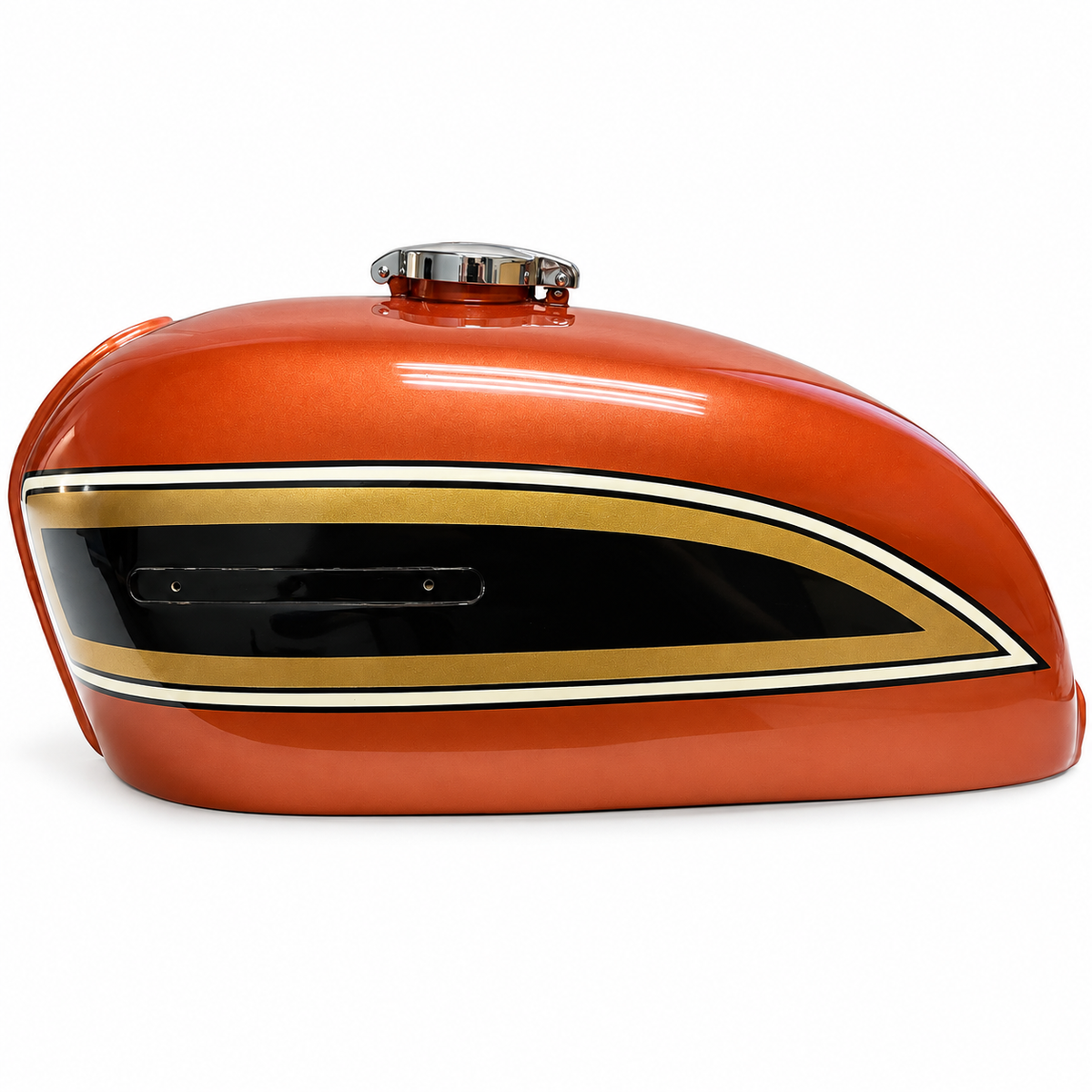 Orange CB750K replacement fuel tank, close side view of striping and emblem mounting holes