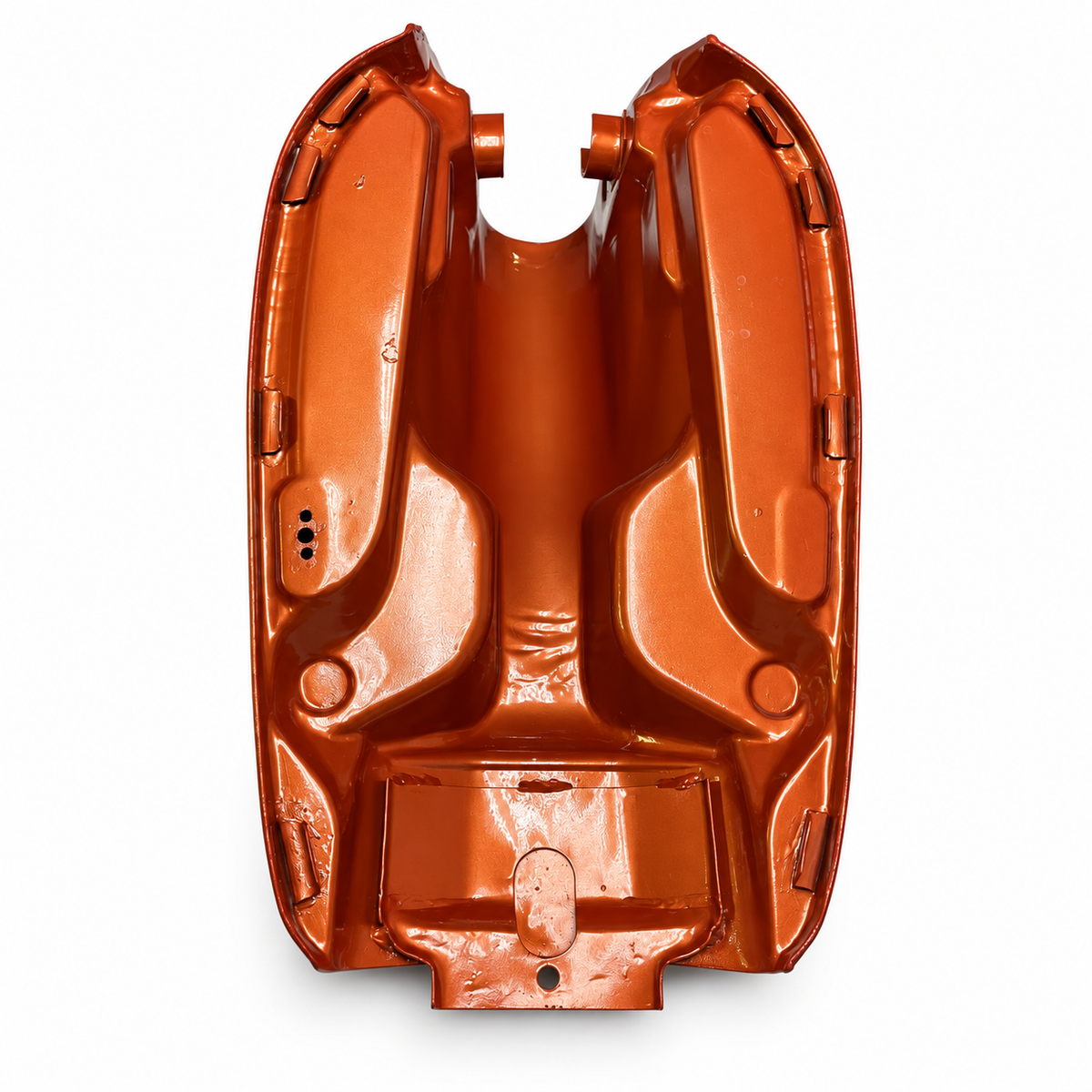 Orange CB750K steel fuel tank underside showing mounting points and petcock mounting holes